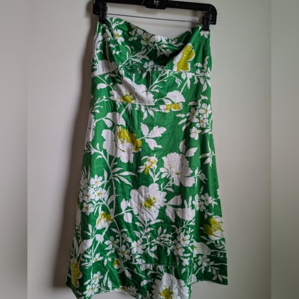 J. Crew Green Floral A-Line Dress with White and Yellow Flowers